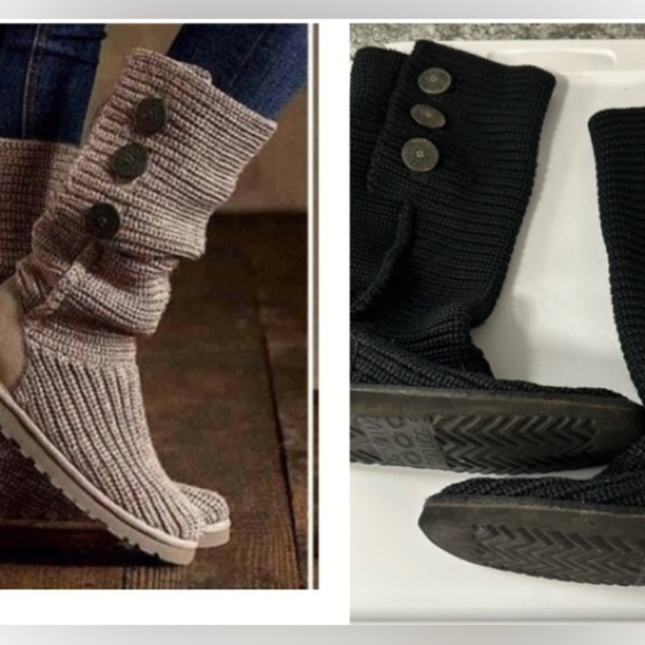 UGG Over the knee twisted black cable knit button detail fold over gorpcore boot - Picture 1 of 13